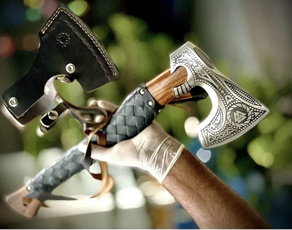 Tomahawk de acero al carbono hecho a mano Viking, hacha, hacha, integral / Grabado Foto 3 de 3