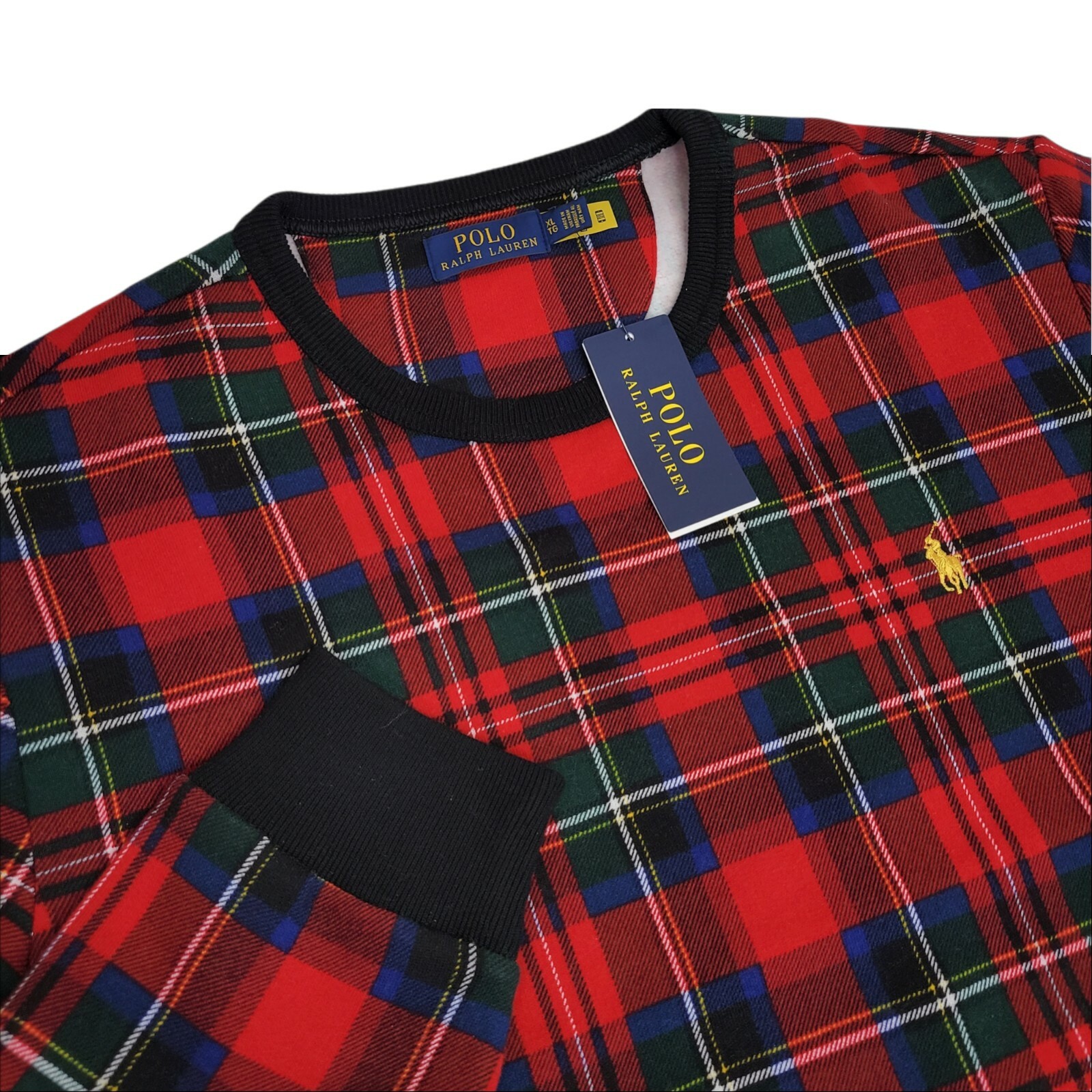 Polo Ralph Lauren uomo XL tartan plaid pile foderato felpa girocollo Natale pony