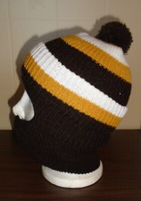 Boy's VTG 1970s Knit Winter Hat Toque Pom Pom Chin Guard Brown w/ Stripes NOS