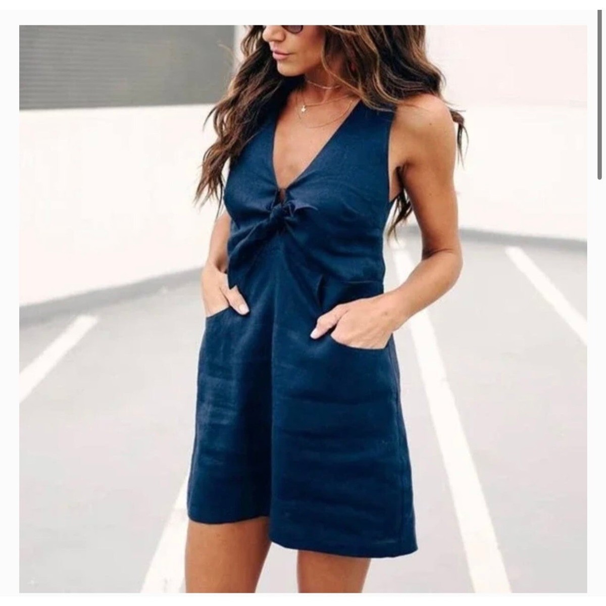 Vici Prep Girl Linen Blend Pocketed Dress Navy Blue Sleeveless Tie Front  small