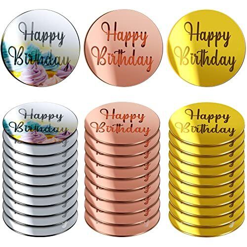 30 Pcs Acrylic Cupcake Toppers Happy Birthday Cake Disc Mirror Acrylic Cake - Picture 1 of 7