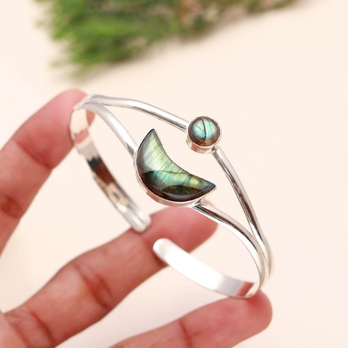 Labradorite Gemstone Handmade Jewelry 925 Sterling Silver Bangle Bracelet