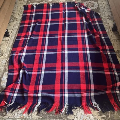 Vtg Sears Harmony House Plaid Fringed Throw Stadium Red Blue Patriotic 4th July - Image 1 of 4