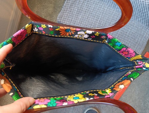 Vtg Lady's Pride Retro Mod 1960's Satin Floral Foldable Tote Purse Lucite Handle - Picture 14 of 18