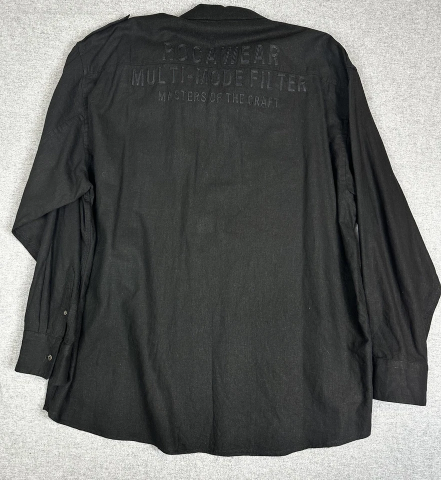 Rocawear Shirt Mens 3XL Black Linen Button Long Sleeve Epaulet Shooting Patch - Image 3 of 4