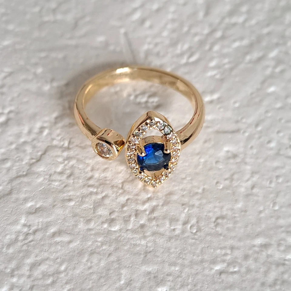 Gold Plated Open Ring, with Blue Zirconia, Adjustable 