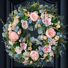 Spring Pink Peony Front Door Wreath 24-inch Flower Blue Wreath Indoor Outdoor