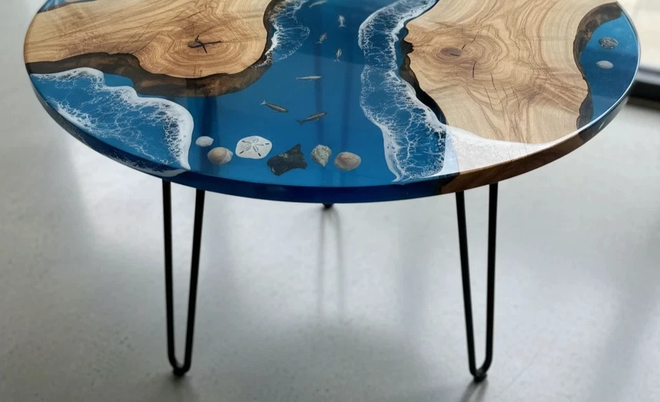 Blue Ocean Resin River Table with Epoxy Wave Effect Furniture For Cafe Decor - Image 4 of 4