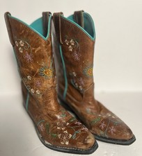 Smoky Cowboy Boots Girls 1.5 Leather Worn-In Embroidered Distressed Rodeo Boho