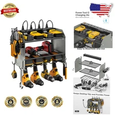 Space-Saving Tool Organizer: Garage Wall Mount with 8-Outlet Power Strip & Hooks