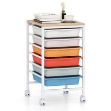 6-Drawer Rolling Storage Cart w/Wooden Tabletop  Lockable Wheels for Office