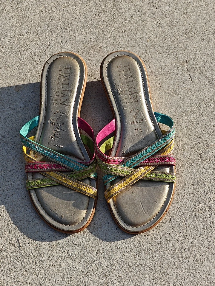 Vtg Italian Shoemakers Sandals Size 7.5 Pastel Straps Cork Wedge Made in Italy - Image 2 of 4