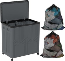120L Collapsible Laundry Hamper w/Wheels, Grey Plastic, 2 Section