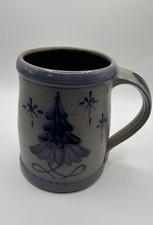 1995 SIGNED / STAMPED Rowe Pottery Christmas Tree Coffee Mug Cup Great and Blue