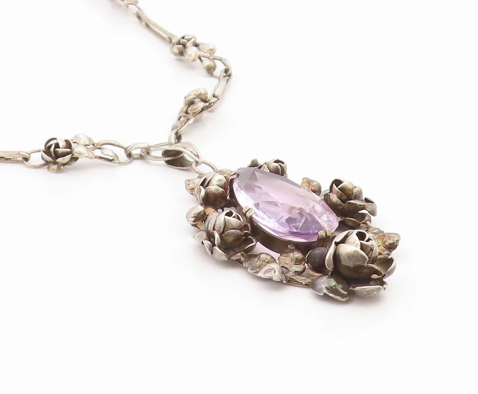 Collar Vintage Plata de Ley 925 ALEMANIA Amatista Tallada Floral Rosa NE4712 Foto 4 de 4