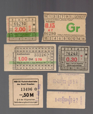 7 Fahrscheine der DDR für Bus, Straßenbahn + Fähre in Berlin, Dresden 1960-1989