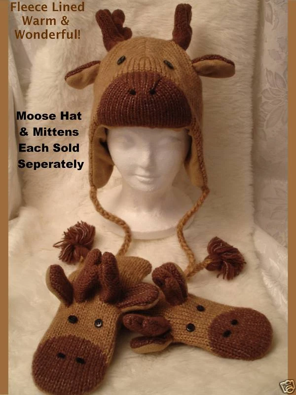 Hat and Mittens adult MOOSE SET combined in one auction knit with fleece lining