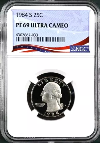 1984-S Washington Proof Quarter, Graded PF69 Ultra Cameo by NGC, Patriotic Label