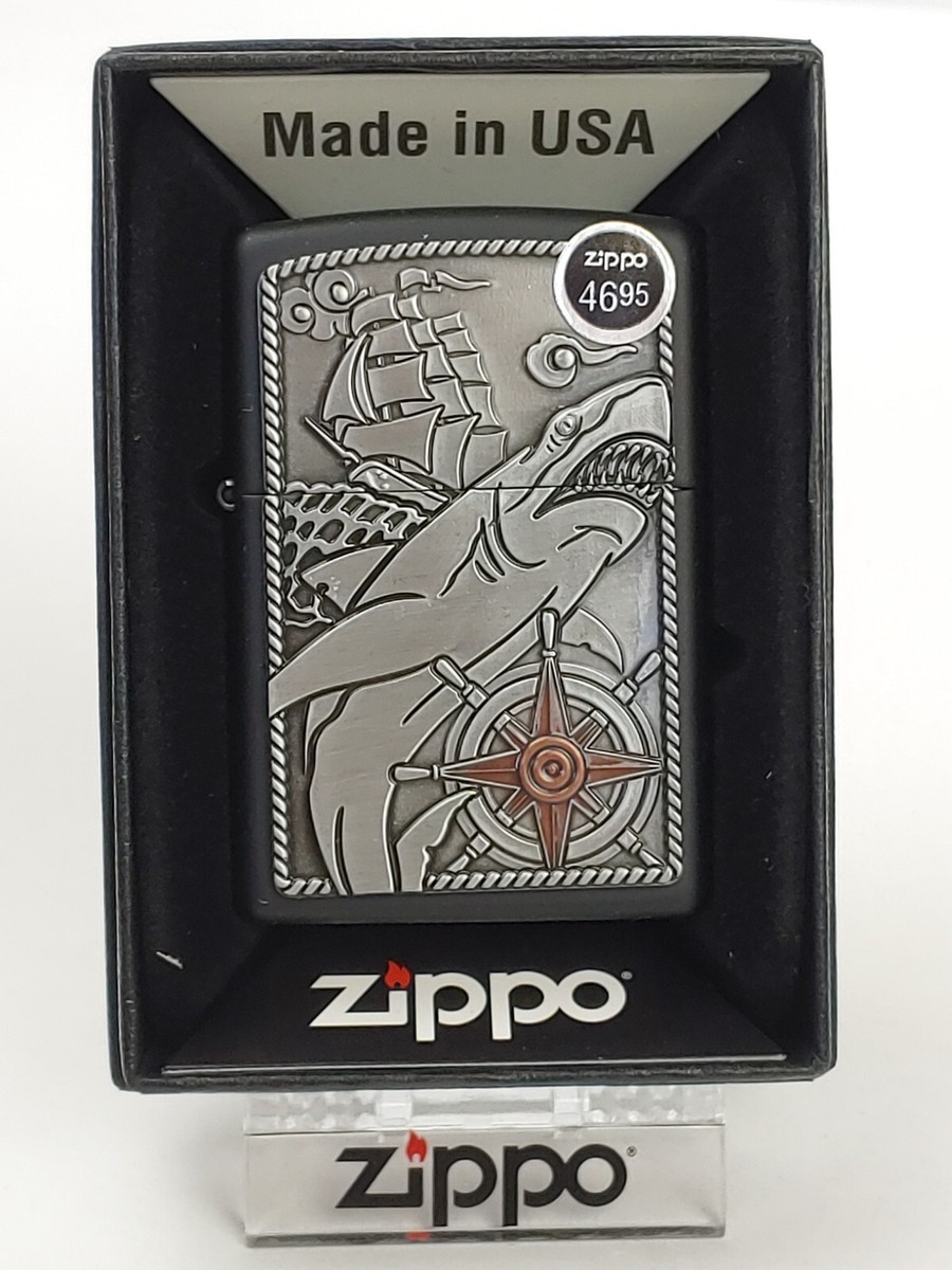 Zippo 48120 Shark Ship Emblem on Black Matte Windproof