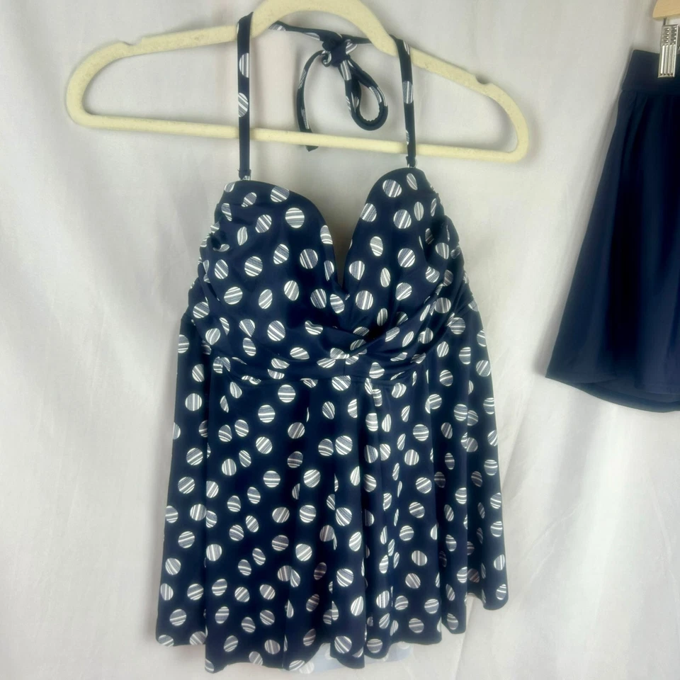 Новый INC 2 изделия купальник женщин 14 темно-синий белый горошек с бретелью через шею юбка низ - Изображение 4 из 4