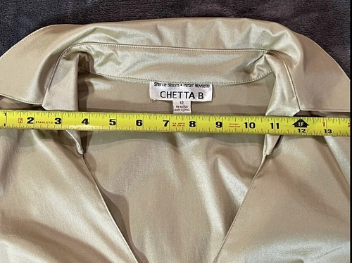 Chetta B TAN Shiny Silky BLOUSE with Cinched Waist and Dramatic Long Sleeve S-12 - Picture 8 of 11