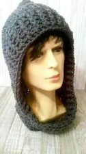 crochet handmade unisex hood hat cowl scoodie mens womans gray