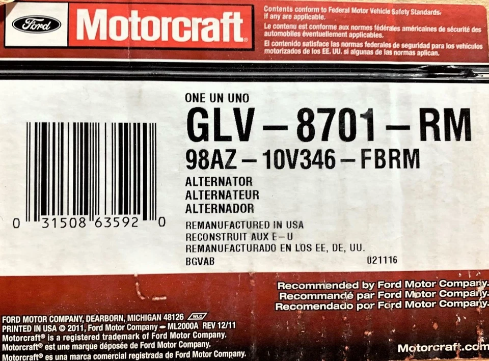 GLV-8701-RM Motorcraft 12V 105 AMP ALTERNATOR for 2000-2004 Ford Focus 2.0L - Image 2 of 3