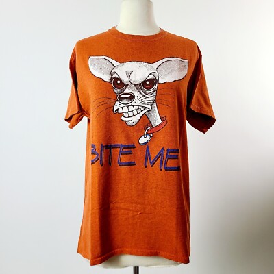 Vintage 90s Orange Bite Me Chihuahua T-Shirt Mens M 1999 epi Taos
