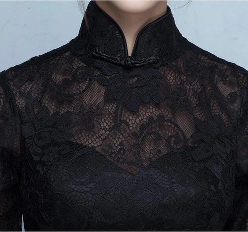 Chinesischer Stil Spitze Blumen Langarm schwarz Kleider Damen formell Cocktailkleid - Bild 10 von 17