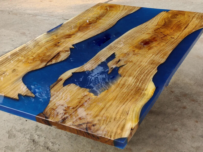 Blue Resin River Custom Order Epoxy Dining Center Sofa Table Mid Century Decor