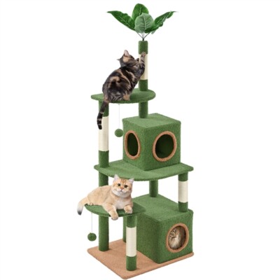 Cat Tree Tower with Palm Leaf Fluffy Balls Scratching Posts Cat Furniture 59inch