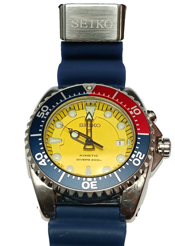 Seiko 44mm Mens 5M62-0BL0 KINETIC DIVER RARE PEPSI BEZEL  YELLOW DIAL SKA367