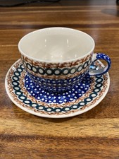 Vintage Polish Pottery Cup And Saucer Blue Ci...