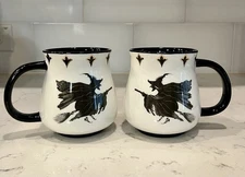 Potter’s Studio Halloween Coffee Mugs Set of 2 Witch on Broom Double-Sided 16oz
