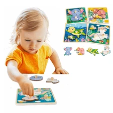 4 x Wooden Puzzles for Toddlers, Wooden Animal Shape Learning Educational Puzzle