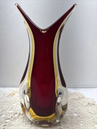 Vintage Murano Sommerso 10.5 Ruby Amber Art Glass Vase Flavio Poli Design