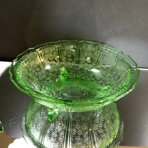 Vintage Bowl Cherry Blossom Green Footed 10 1/2 in Jeannette Glass Glows