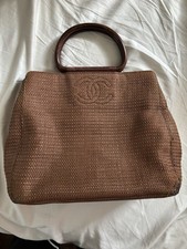 CHANEL Raffia Wooden Handle Handbag Satin Interior COCO CC Bag Brown Vintage