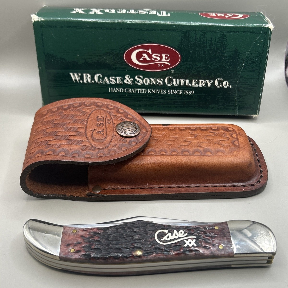 2001 Case XX 6265 Cranberry Bone Folding Hunter Knife -Leather