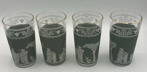 Set of 4 Jeanette Wedgewood Hellenic Grecian Green Jasperware Tumblers Glasses