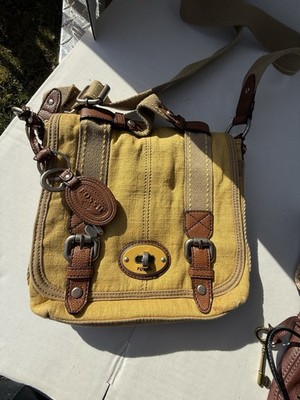 Fossil Yellow Canvas Crossbody Messenger Bag Leather Trim Buckle Flap Organizer