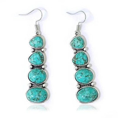 Geometric Long Earrings Green Turquoise Dangle Earrings Bohemian Retro Western J