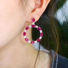 Round Rose Red CZ Drop Earrings Silver Plated Zircon Crystal Women Party Jewelry