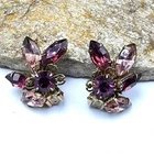 50's Purple Rhinestone Earrings Clip-On Silver Tone Retro Art Deco Jewelry Vtg