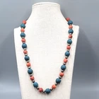 Vintage Beaded Necklace Red Blue Brass Handmade 22" Estate Costume Jewelry