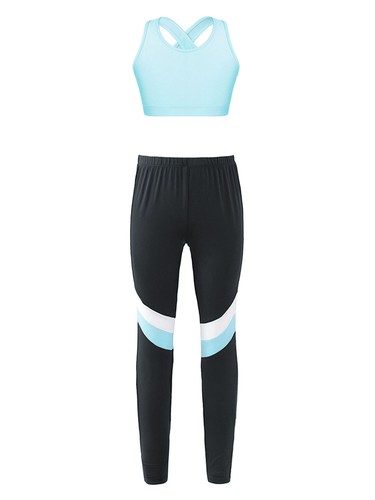 Kids Girls Tracksuits Biketard Sportwear Swim Pants Jogging Crop Top Training - Picture 20 of 28