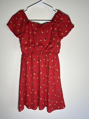 Trixxi Girl Red Flowered Dress Girls Size Large Short Sleeve Peasant Ruffle