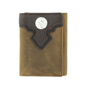 BROWN-Leather-Justin-Tri-fold-WALLET-Double-Overlay-Cross-Concho-16