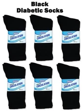 6 Pairs BLACK Solids Circulation Diabetic Crew Socks Buruka Athletic 10-13