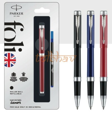Parker Folio Standard Roller Ball Pen Chrome Trim Blue Ink Red